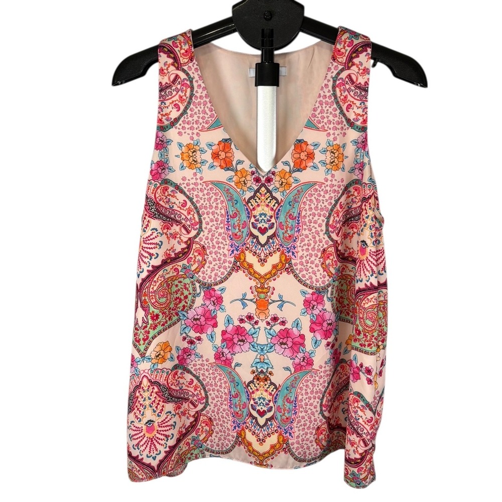 Tabitha Webb Womens Large Pink Paisley Floral V-Neck Sleeveless Shell Top Lined